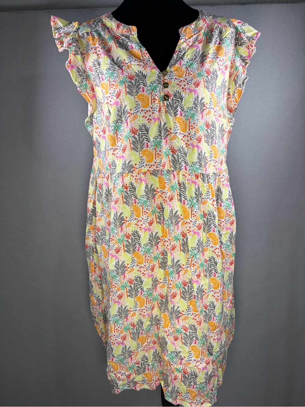 LOFT Yellow Multi Tropical Print Ruffle Sleeve Mini Dress